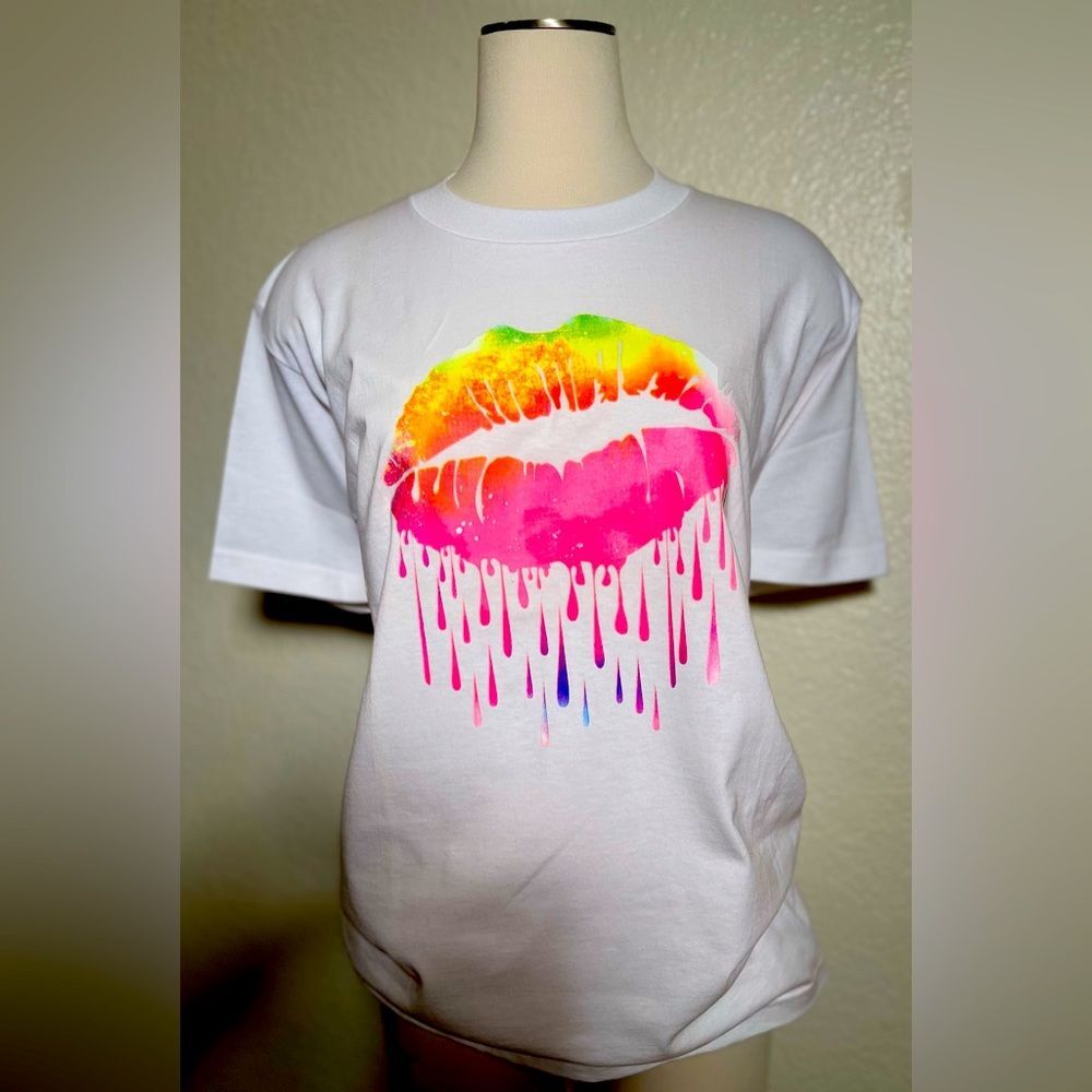LIPS T SHIRT WHITE PINK 100% cotton MOUTH KiSS